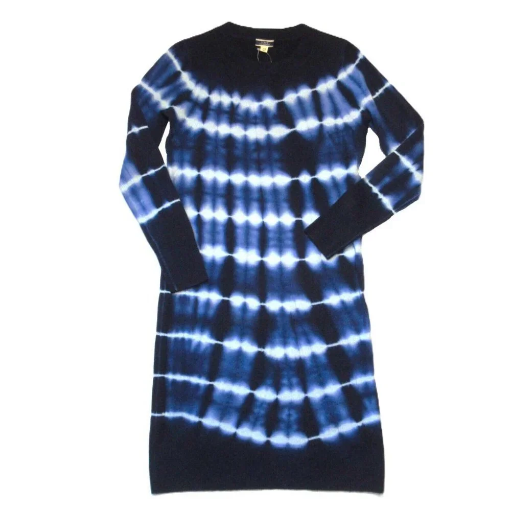 NWT J.Crew Long-sleeve Tie-dyed Cashmere Crewneck Dress in Classic Navy Sky XS